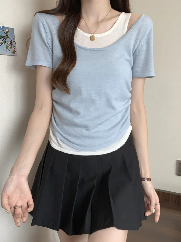 Shoulder Bared Ice Silk T Shirt Women Summer Large Size Slimming Fashionable Korean Style round Neck Short Sleeve Top
Shoulder Bared Ice Silk T Shirt Women Summer Large Size Slimming Fashionable Korean Style round Neck Short Sleeve Top