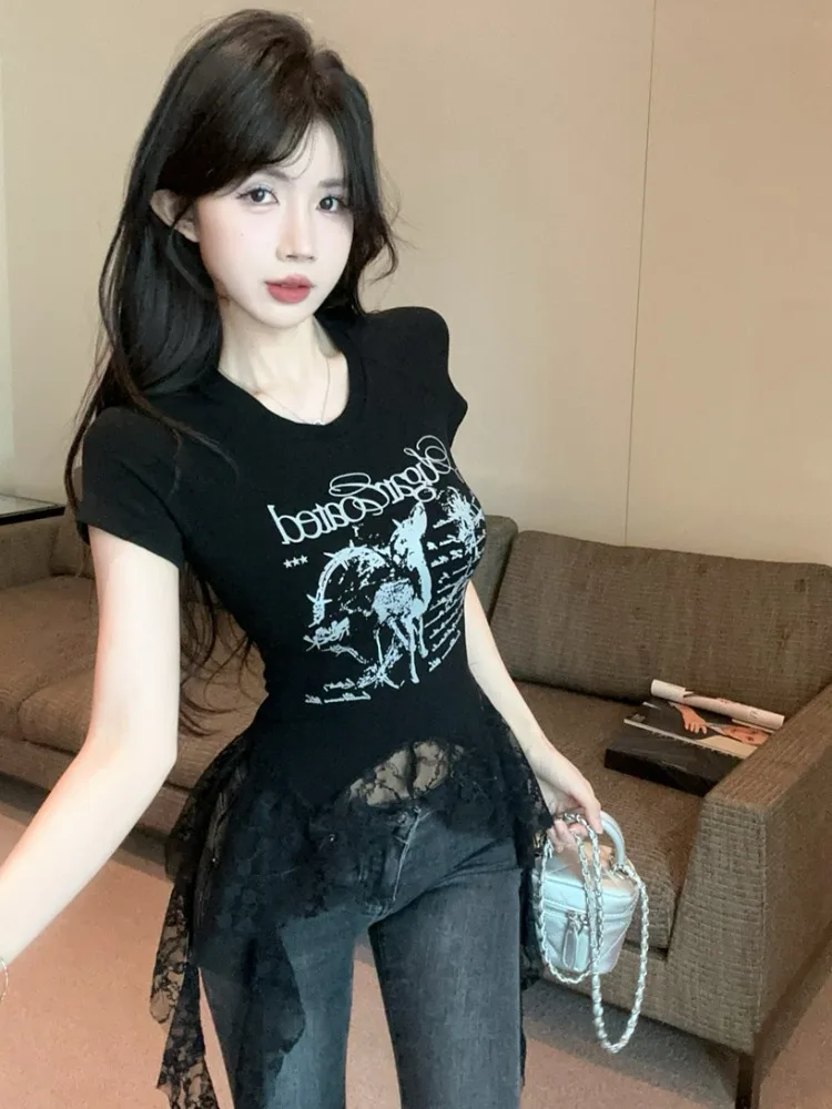Sexy Short Sleeve T-Shirt Lace round Neck Irregular Slim Fit Korean Style Commute Pear Shape Spring Summer Casual Wear
Sexy Short Sleeve T-Shirt Lace round Neck Irregular Slim Fit Korean Style Commute Pear Shape Spring Summer Casual Wear