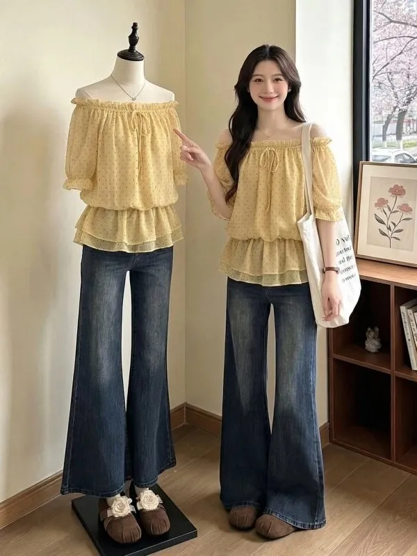 Yellow Polka Dot One Shoulder Short Sleeve Chiffon Shirt Women's Summer New Style Beautiful Top Waist Cinching Female Blouse
Yellow Polka Dot One Shoulder Short Sleeve Chiffon Shirt Women's Summer New Style Beautiful Top Waist Cinching Female Blouse