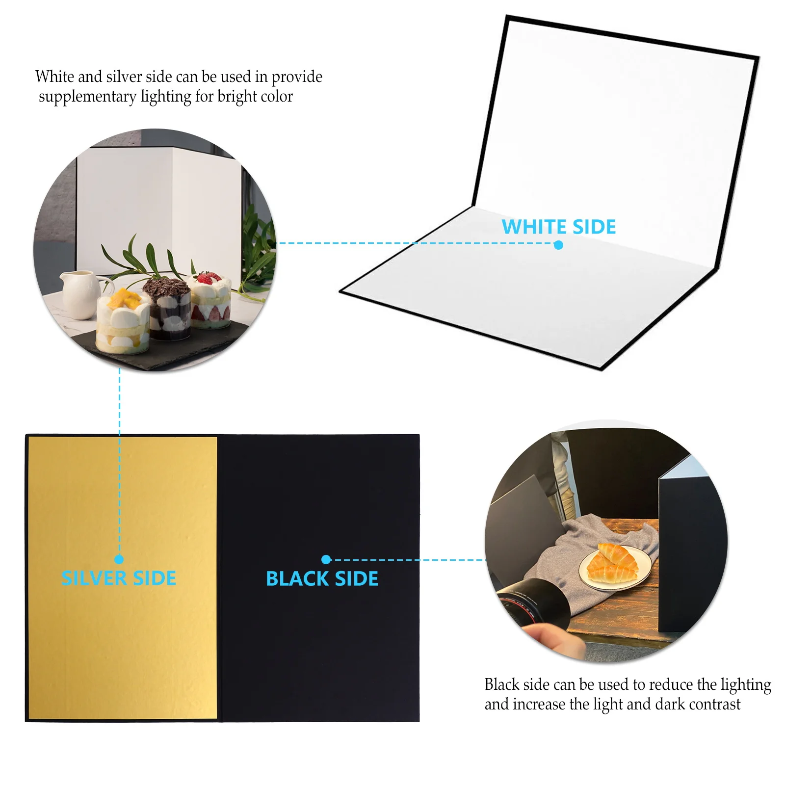 Foldable Reflector Board Multipurpose White Silver Black Side Photography Accessory for Still Life Jewelry Cosmetics Food
Foldable Reflector Board Multipurpose White Silver Black Side Photography Accessory for Still Life Jewelry Cosmetics Food