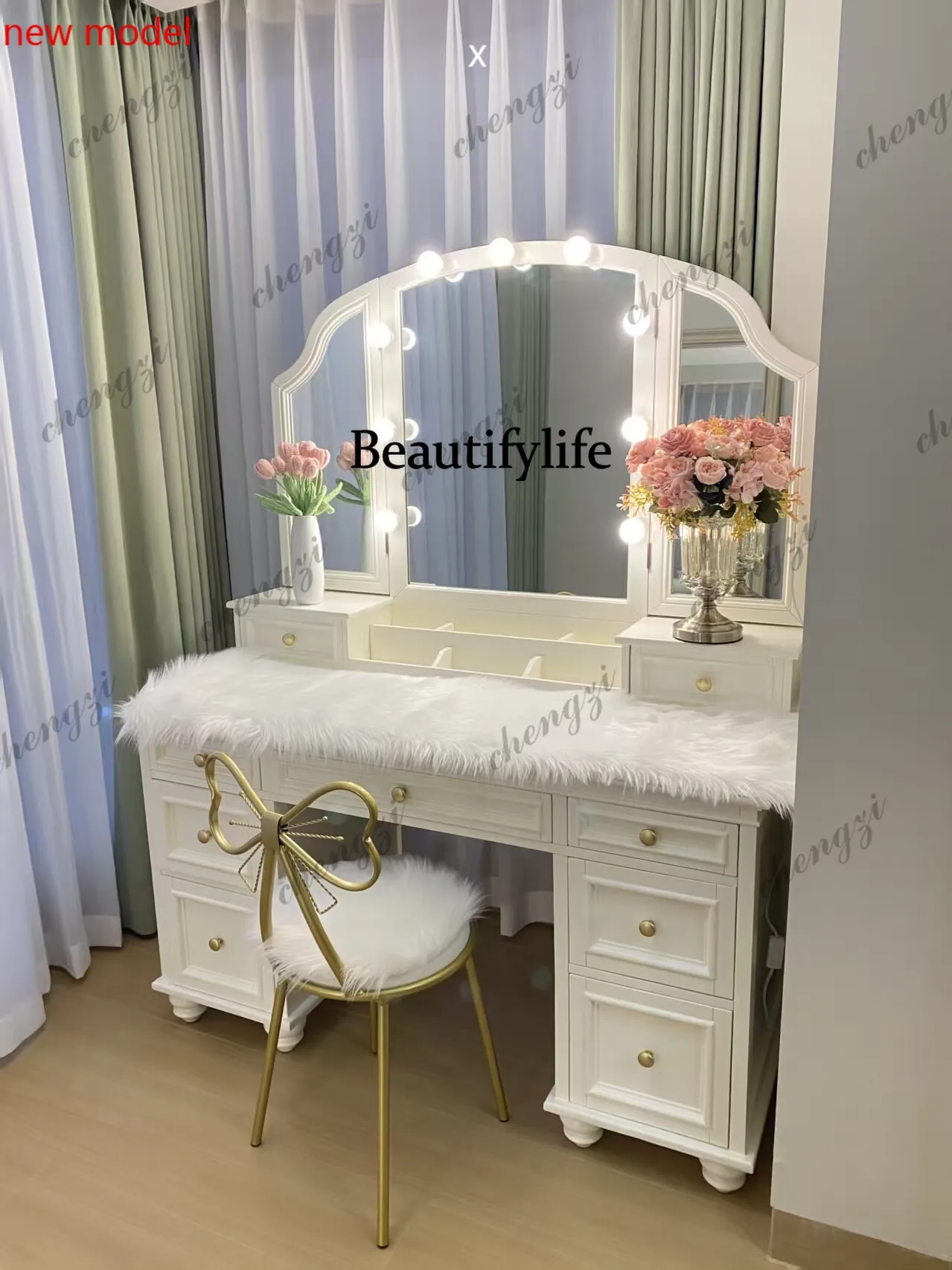 American all-solid wood dresser bedroom light luxury high-end sense, storage, makeup tableN138
American all-solid wood dresser bedroom light luxury high-end sense, storage, makeup tableN138