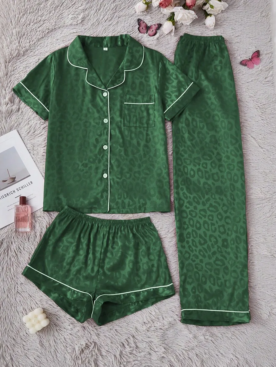 Women Elegant Leopard Jacquard Short Sleeve Pajama Set With Shorts And Long Pants Faux Silk
Women Elegant Leopard Jacquard Short Sleeve Pajama Set With Shorts And Long Pants Faux Silk