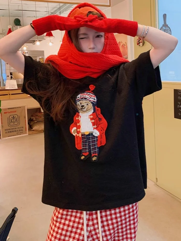 Korean Cute Little Bear Printed Summer T Shirts Black Pure Cotton Material Short Sleeve Y2K TOP Loose Streetwear Men Women Tees
Korean Cute Little Bear Printed Summer T Shirts Black Pure Cotton Material Short Sleeve Y2K TOP Loose Streetwear Men Women Tees