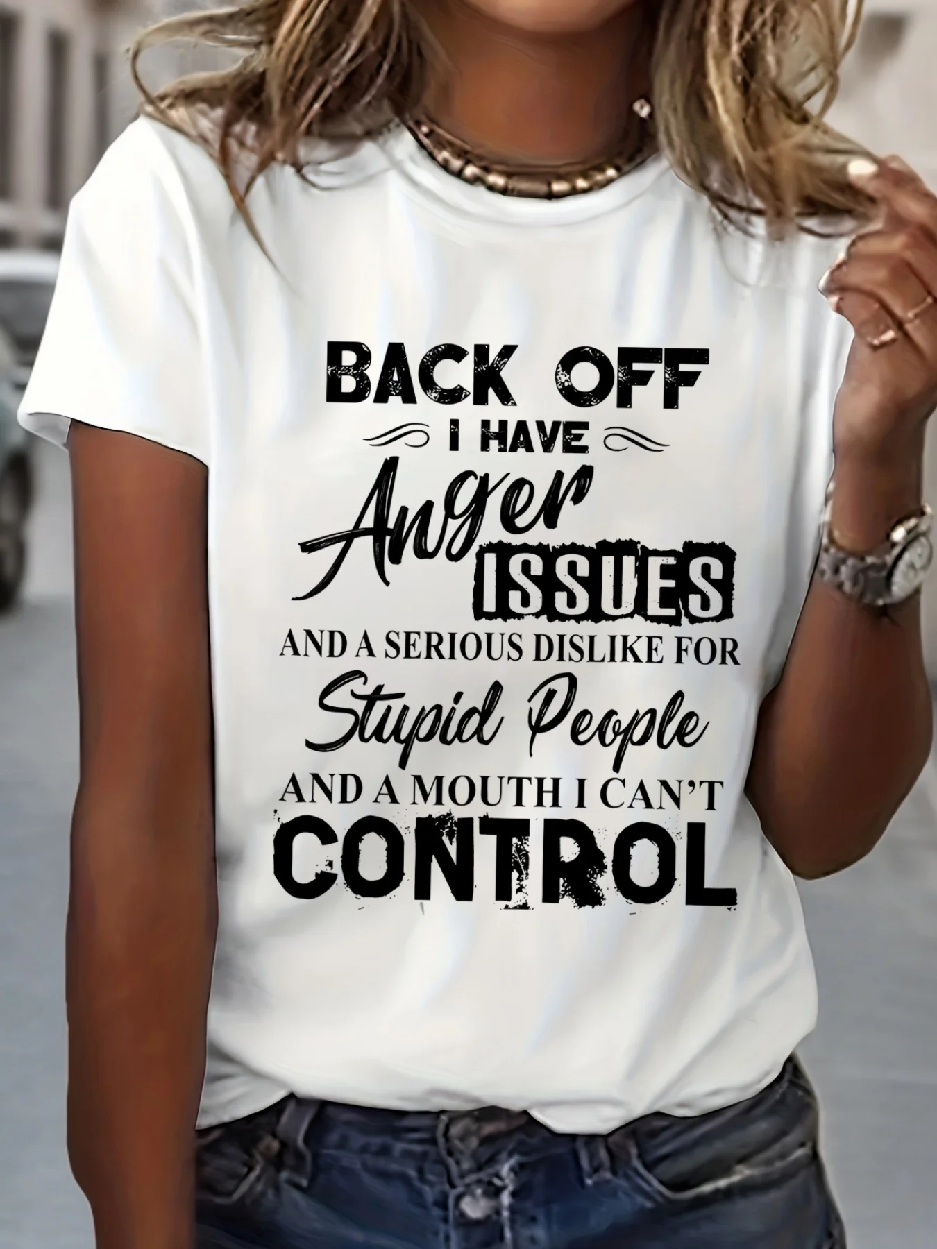 Women's "Back Off My Anger Issues" Slogan T-Shirt - Bold Statement Short Sleeve Crew Neck Top with Medium Stretch Fabric,
Women's "Back Off My Anger Issues" Slogan T-Shirt - Bold Statement Short Sleeve Crew Neck Top with Medium Stretch Fabric,