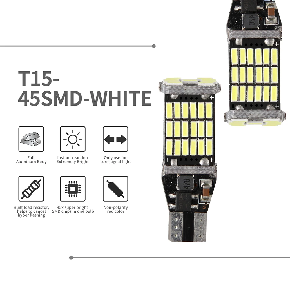 100PCS High Power T15 4014 45 SMD Automatic Bulb W16W Super Bright 921 912 LED Car Backup Reverse Turn Signal Light DC 12V
100PCS High Power T15 4014 45 SMD Automatic Bulb W16W Super Bright 921 912 LED Car Backup Reverse Turn Signal Light DC 12V