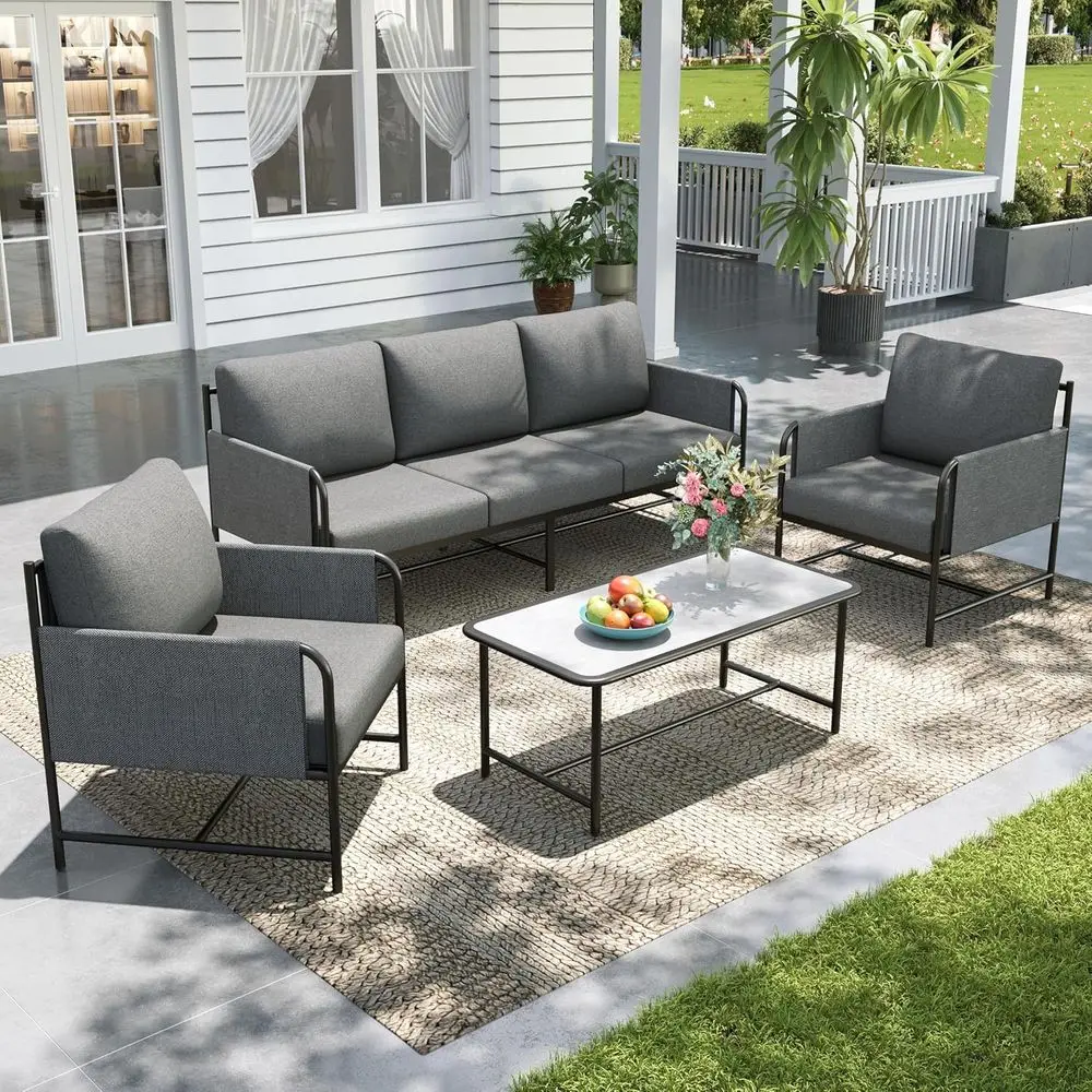 Patio urniture Set, 4-Piece Metal Outdoor Patio Contion Set with Coee Table, Outdoor urniture with Thick Cushion and Large Seat
Patio urniture Set, 4-Piece Metal Outdoor Patio Contion Set with Coee Table, Outdoor urniture with Thick Cushion and Large Seat