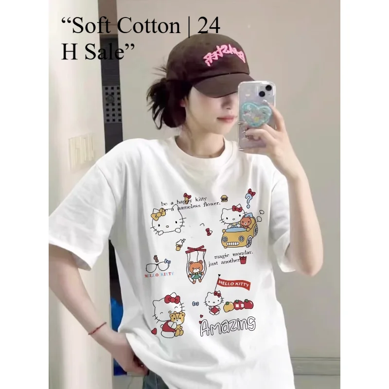 Hello Kitty 100% Cotton T-Shirt Women 220GSM Pure Cotton Cute Cat Print Short Sleeve Tops Summer Kawaii Casual Streetwear
Hello Kitty 100% Cotton T-Shirt Women 220GSM Pure Cotton Cute Cat Print Short Sleeve Tops Summer Kawaii Casual Streetwear
