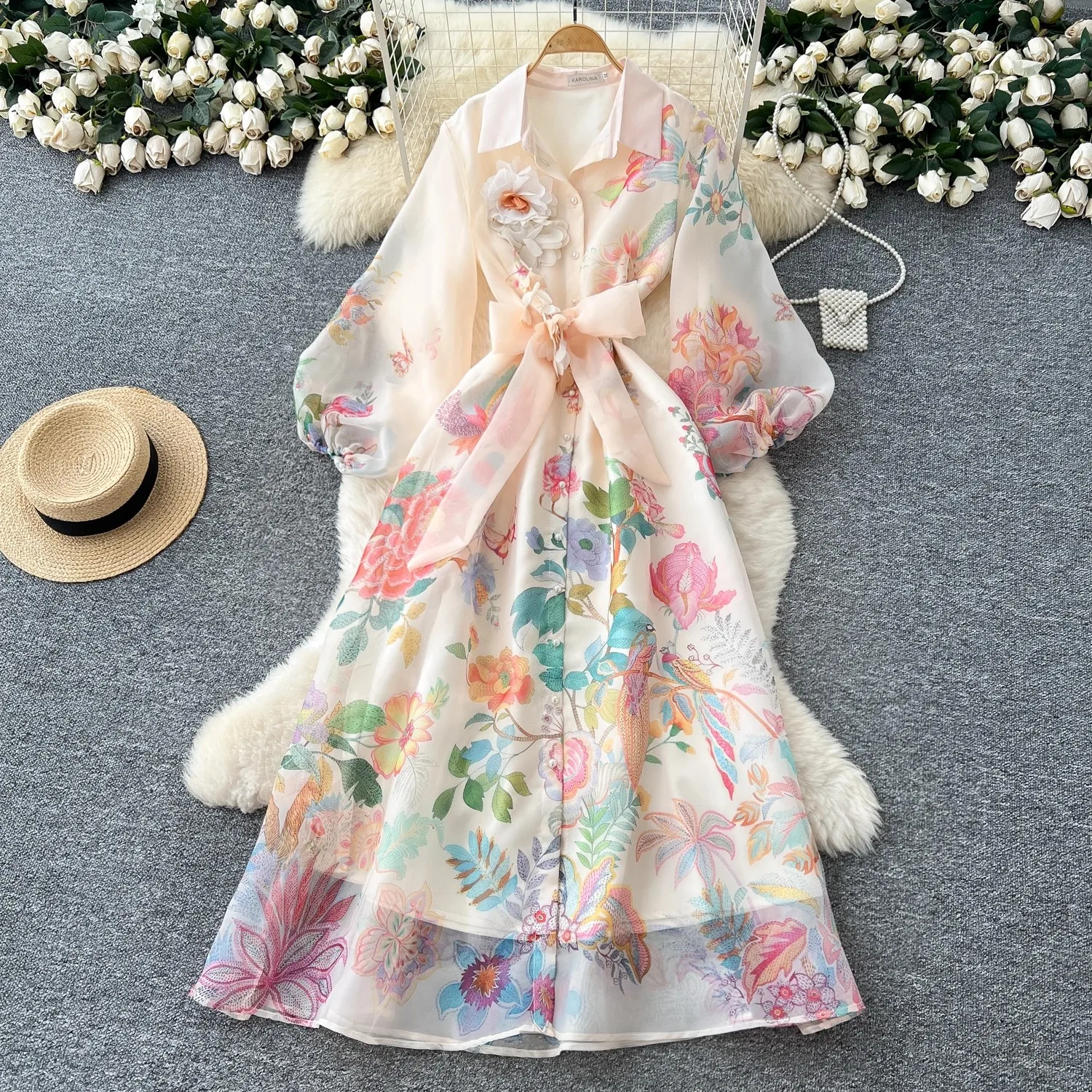 Spring Holiday 3D Gorgeous Flower Long Dress Women's Long Lantern Sleeve Pearl Buttons Floral Print Lace Up Mesh Vestidos
Spring Holiday 3D Gorgeous Flower Long Dress Women's Long Lantern Sleeve Pearl Buttons Floral Print Lace Up Mesh Vestidos