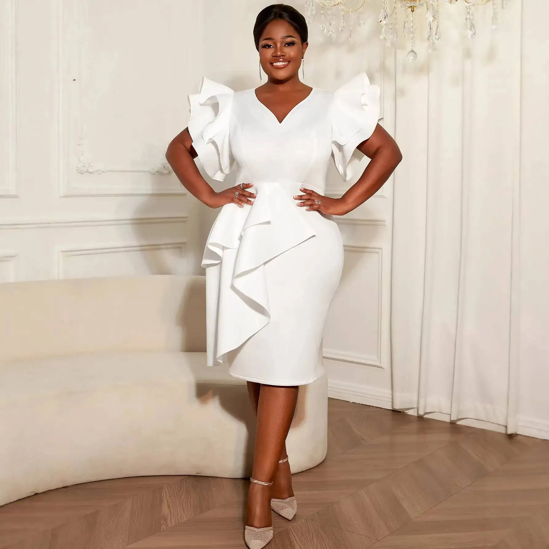 Plus-size Women's White V-neck Dress With Ruffled Sleeves, Waist-cinching, Body-hugging, Elegant Formal Dress Casual Y2K
Plus-size Women's White V-neck Dress With Ruffled Sleeves, Waist-cinching, Body-hugging, Elegant Formal Dress Casual Y2K