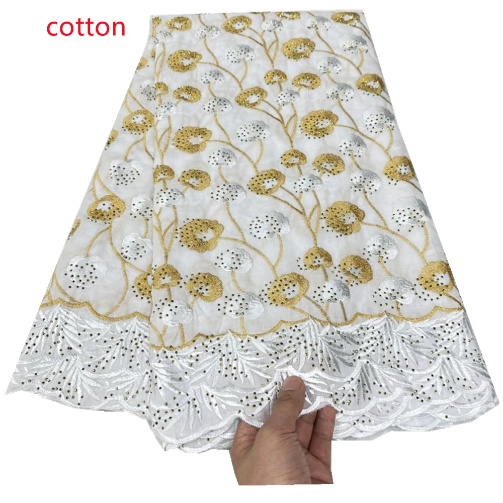 Embroidered African Lace Fabric with Stones, Cotton Swiss Voile, White and Gold, 5 Yards, High Quality
Embroidered African Lace Fabric with Stones, Cotton Swiss Voile, White and Gold, 5 Yards, High Quality