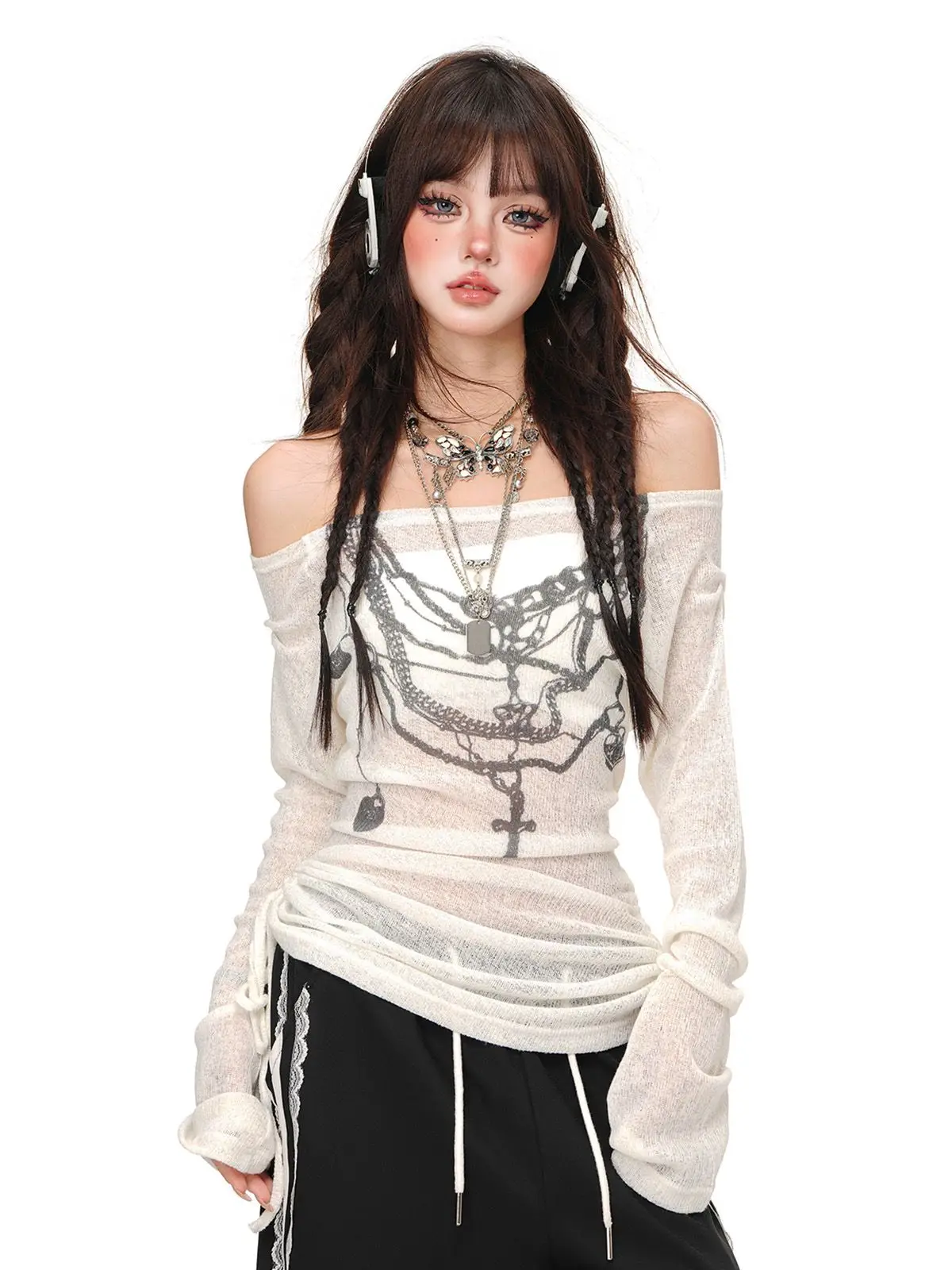 American Spice Girl style print one-line shoulder long sleeve T-shirt for women autumn micro-transparent gauze slimming with clo
American Spice Girl style print one-line shoulder long sleeve T-shirt for women autumn micro-transparent gauze slimming with clo