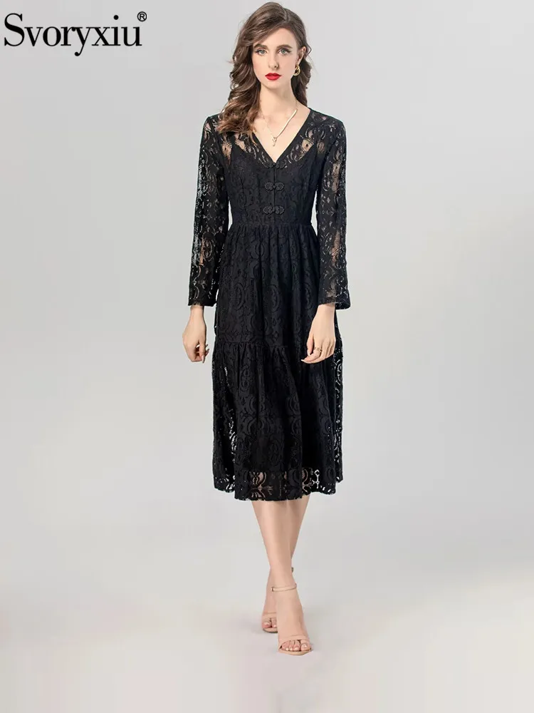 Svoryxiu Runway Fashion Autumn Party Black Elegant Long Dress Women's Lace V-Neck Dial Buckle High Waist Long Sleeve Dresses
Svoryxiu Runway Fashion Autumn Party Black Elegant Long Dress Women's Lace V-Neck Dial Buckle High Waist Long Sleeve Dresses