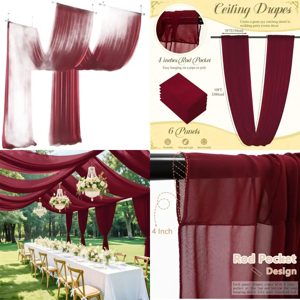 Burgundy Sheer Wedding Ceiling Drapes, 5FT x 10FT Chiffon Fabric for Wedding Arches and Ceremony Hall Decorations
Burgundy Sheer Wedding Ceiling Drapes, 5FT x 10FT Chiffon Fabric for Wedding Arches and Ceremony Hall Decorations