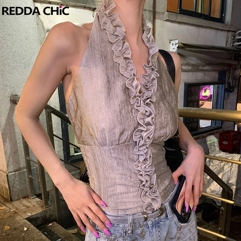 ReddaChic укороченный топ с глубоким металлическим рисунком для женщин, жилет без рукавов с открытой спиной, лямкой на шее и оборкой, жилет без рукавов с v-образным вырезом, летние концертные праздничные наряды
ReddaChic укороченный топ с глубоким металлическим рисунком для женщин, жилет без рукавов с открытой спиной, лямкой на шее и оборкой, жилет без рукавов с v-образным вырезом, летние концертные праздничные наряды