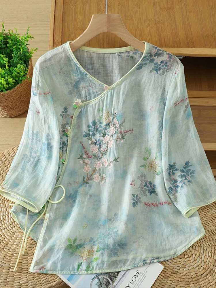 New Chinese Style round Neck Embroidered Flax Cotton Shirt Women Summer Unique Exquisite Small Shirt Top Loose Fit Comfortable
New Chinese Style round Neck Embroidered Flax Cotton Shirt Women Summer Unique Exquisite Small Shirt Top Loose Fit Comfortable