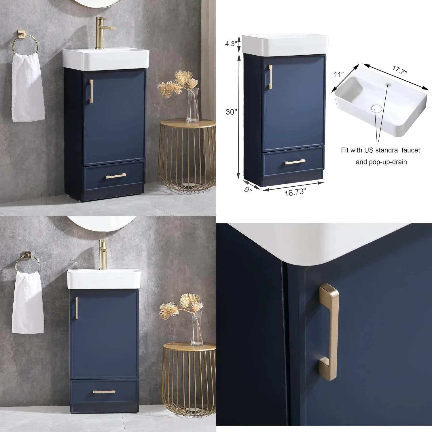 18in Small Bathroom Vanity Set Undermount Vessel Sink Blue Cabinet 1 Door 1 Drawer Gold Handle Customized
18in Small Bathroom Vanity Set Undermount Vessel Sink Blue Cabinet 1 Door 1 Drawer Gold Handle Customized