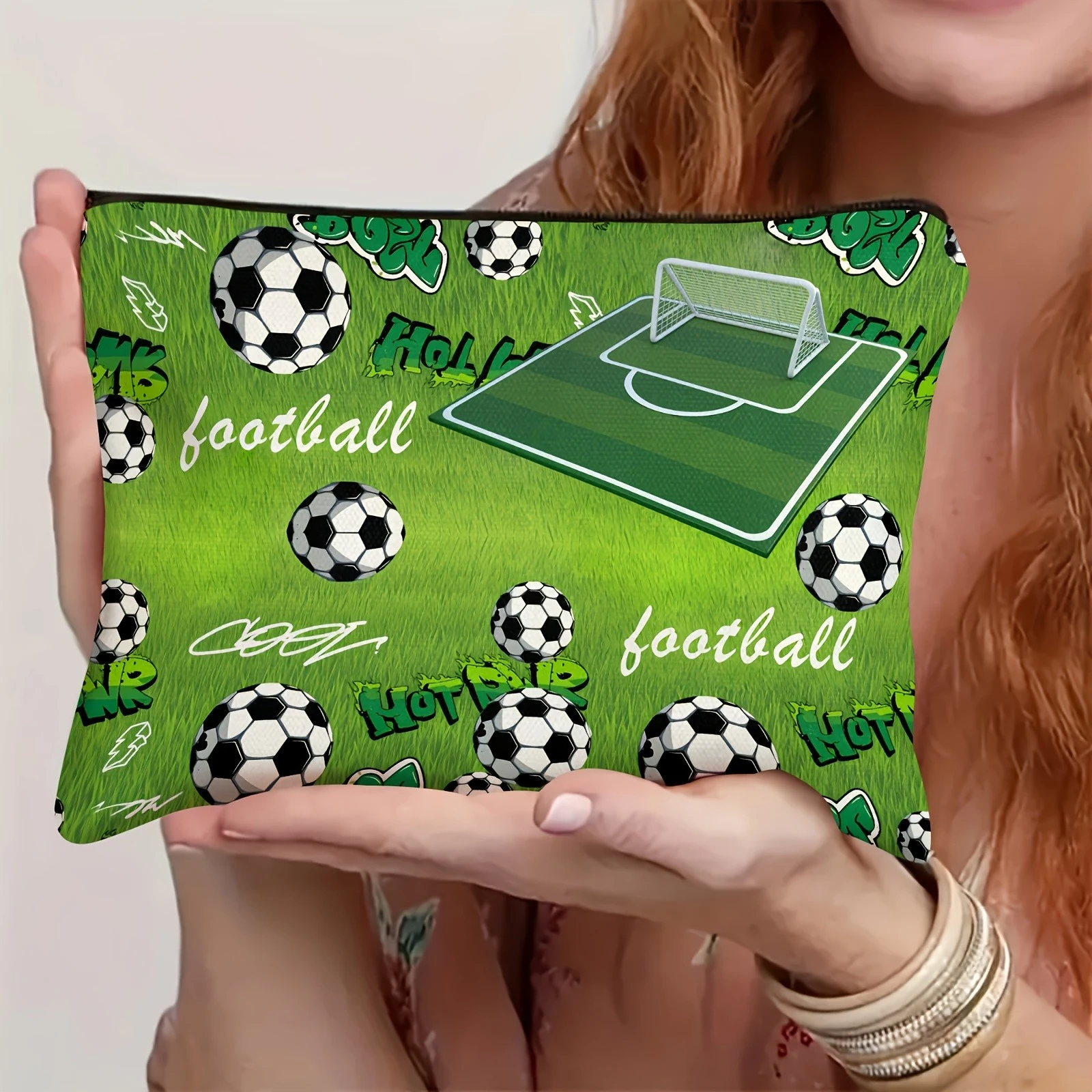 Football Makeup Bag - Lightweight Zipper Closure Design, Green and Black Football Pattern, Sports Theme
Football Makeup Bag - Lightweight Zipper Closure Design, Green and Black Football Pattern, Sports Theme