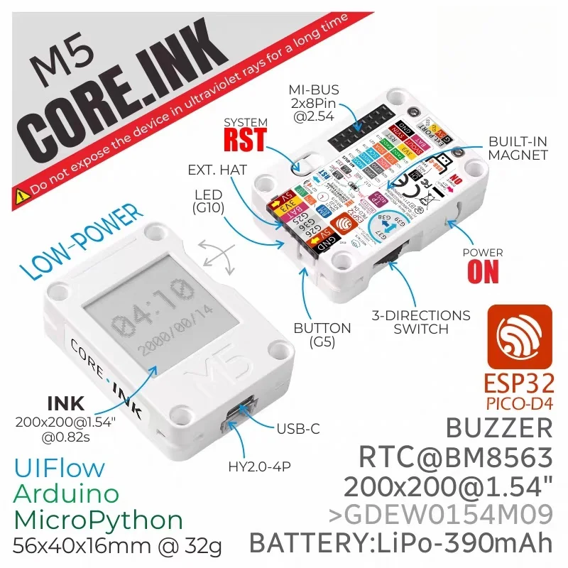 Официальная плата разработки M5Stack CoreInk с E-Ink дисплеем 1,54 дюйма, низкое энергопотребление, E-Paper, ESP32
Официальная плата разработки M5Stack CoreInk с E-Ink дисплеем 1,54 дюйма, низкое энергопотребление, E-Paper, ESP32