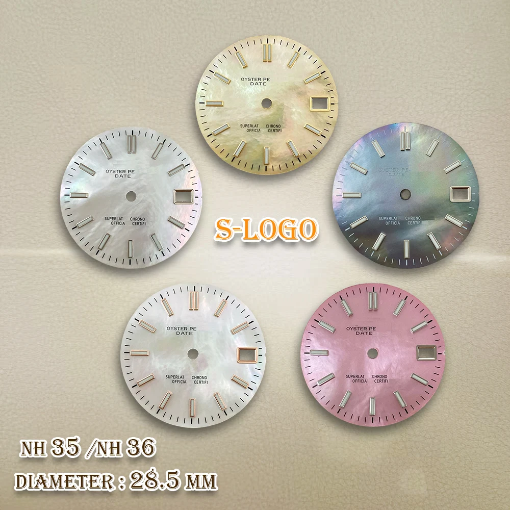 28.5mm S Logo NH35 Dial Logs Mother Pearl Dial Fit NH36 Movement Green Luminous Watch Modification Accessories Repair tools
28.5mm S Logo NH35 Dial Logs Mother Pearl Dial Fit NH36 Movement Green Luminous Watch Modification Accessories Repair tools
