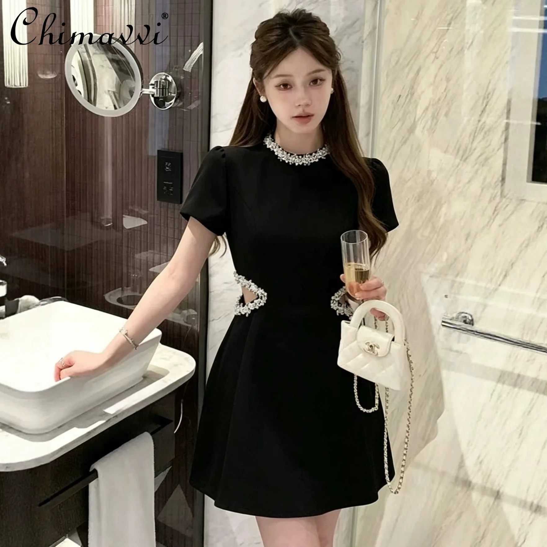 French Heavy Luxury Nail Drill Waistless Cut Out Puff Sleeve Dress Womens Summer Classyfashion Beaded Elegant Party A-line Dress
French Heavy Luxury Nail Drill Waistless Cut Out Puff Sleeve Dress Womens Summer Classyfashion Beaded Elegant Party A-line Dress