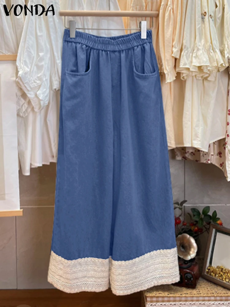 2025 Summer Women Pants Casual Wide Leg Trousers VONDA Lace Patchwork Loose Elegant Elastic Waist Pleated Pants Oversized
2025 Summer Women Pants Casual Wide Leg Trousers VONDA Lace Patchwork Loose Elegant Elastic Waist Pleated Pants Oversized