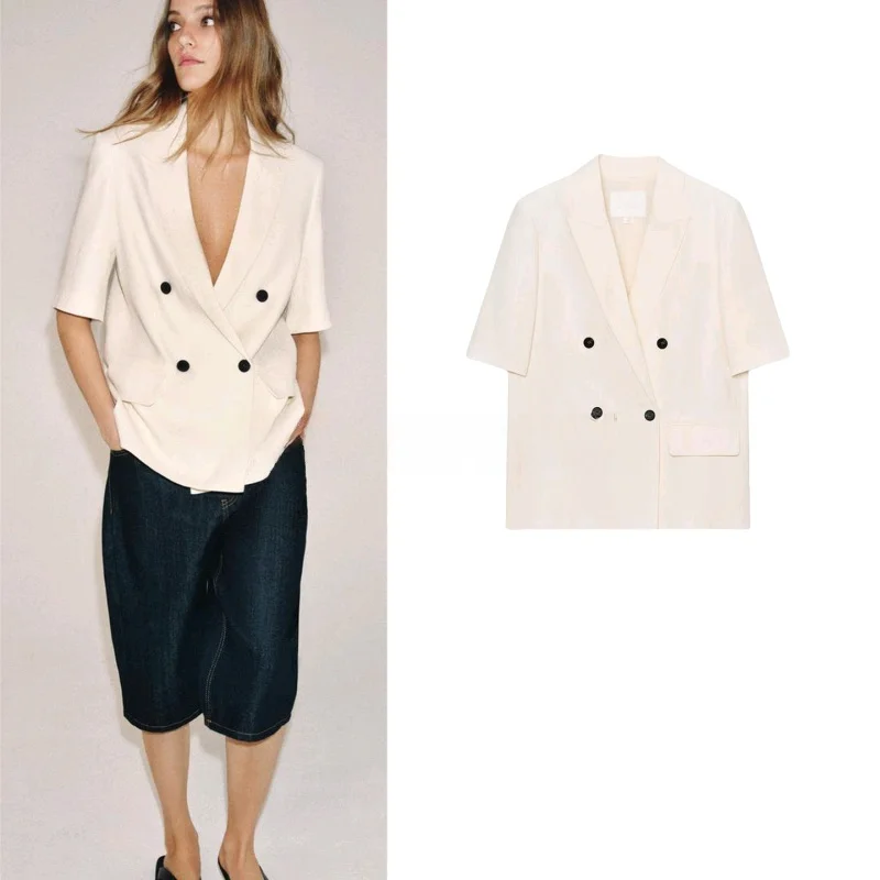 Spring Summer New Women's Casual Style Double Button Contrast Color Collar Short Sleeve Suit Jacket Loose Fit Polyester Fiber
Spring Summer New Women's Casual Style Double Button Contrast Color Collar Short Sleeve Suit Jacket Loose Fit Polyester Fiber