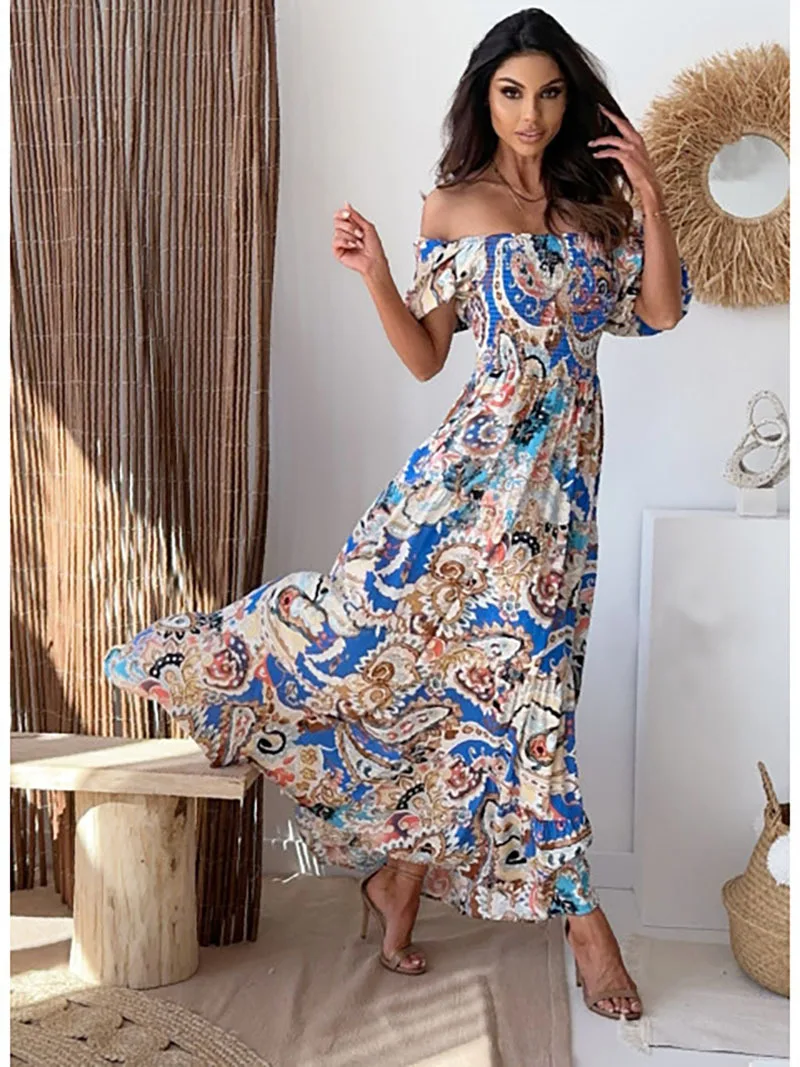 Summer Bohemian Dress Female Off Shoulder High Waist Pleated Beach Dress Vintage Pattern Printed Short Sleeve Long Dress Vestido
Summer Bohemian Dress Female Off Shoulder High Waist Pleated Beach Dress Vintage Pattern Printed Short Sleeve Long Dress Vestido