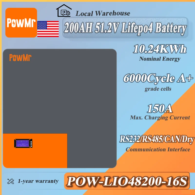 PowMr US Stock 51.2V 200Ah Battery 10.24Kwh Grade A+ Cycles life 6000+ 150A fast charging Up to 16 Units Parallel Intelligent
PowMr US Stock 51.2V 200Ah Battery 10.24Kwh Grade A+ Cycles life 6000+ 150A fast charging Up to 16 Units Parallel Intelligent