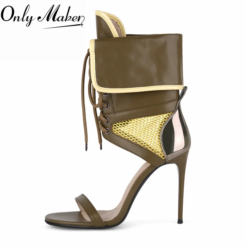 Onlymaker Women Round Open Toe Stiletto Ankle Strap Sandals Fold over Lace Up Mesh High Heel Cut Out Patchwork Sandals
Onlymaker Women Round Open Toe Stiletto Ankle Strap Sandals Fold over Lace Up Mesh High Heel Cut Out Patchwork Sandals