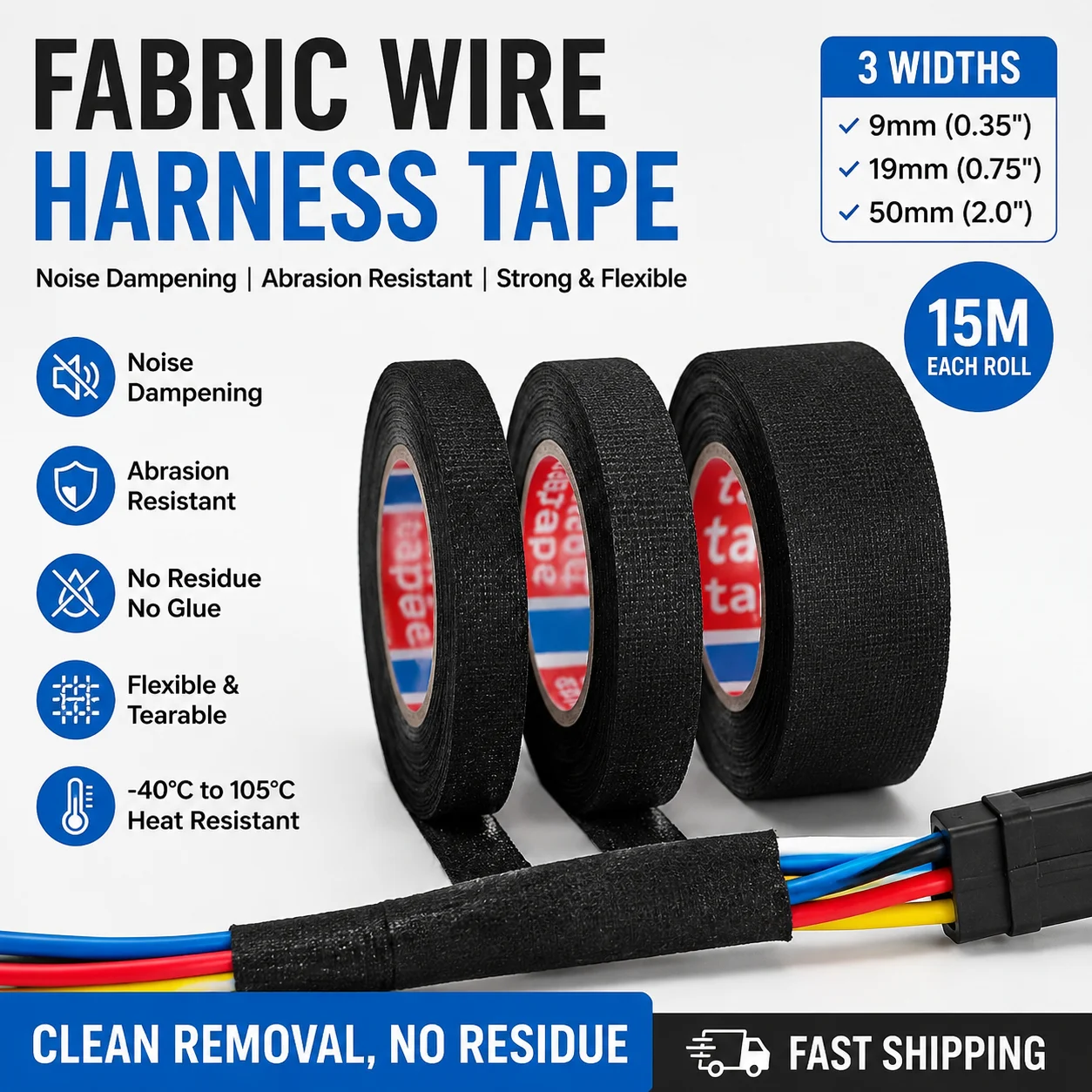 Fleece Wire Harness Tape, Noise Dampening & Abrasion Resistant, Black, 9/19/50mm x 15m, 1PC Automotive Electrical Wrap
Fleece Wire Harness Tape, Noise Dampening & Abrasion Resistant, Black, 9/19/50mm x 15m, 1PC Automotive Electrical Wrap