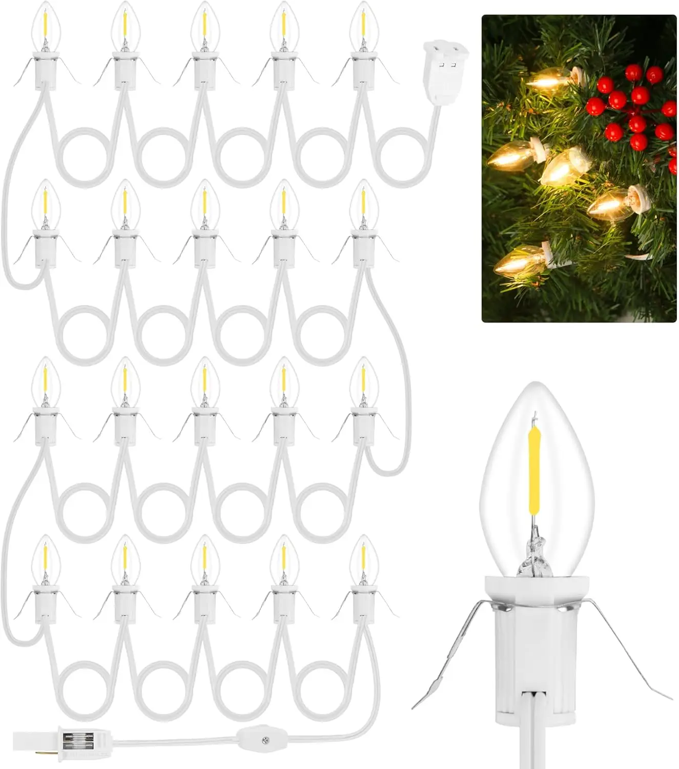 1Pack 20LED Christmas Village Lights 32.4FT String with Outlet, C7/E12 Base, 2Fuses for Halloween & Holiday Decor
1Pack 20LED Christmas Village Lights 32.4FT String with Outlet, C7/E12 Base, 2Fuses for Halloween & Holiday Decor