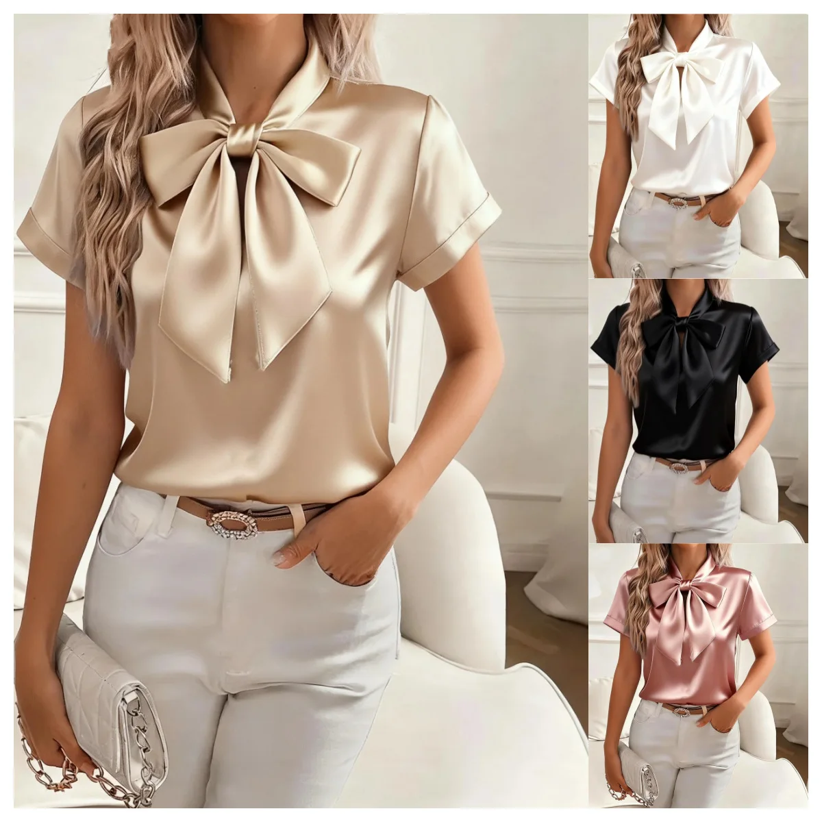 2026 Spring/Summer Solid Color Short Sleeve Bow Satin Blouse For Women
2026 Spring/Summer Solid Color Short Sleeve Bow Satin Blouse For Women