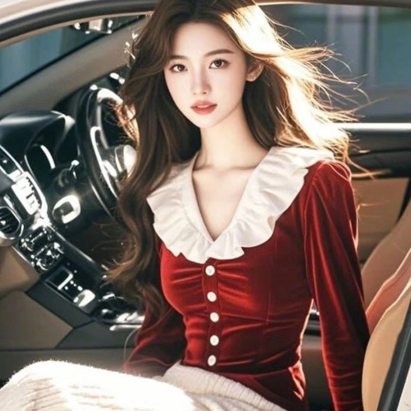 2025 Spring Fall Women Slim Ruffles Patchwork V Neck Wine Red Slim Full Sleeve Velvet Top Shirt , Woman Velour Tops Shirts
2025 Spring Fall Women Slim Ruffles Patchwork V Neck Wine Red Slim Full Sleeve Velvet Top Shirt , Woman Velour Tops Shirts
