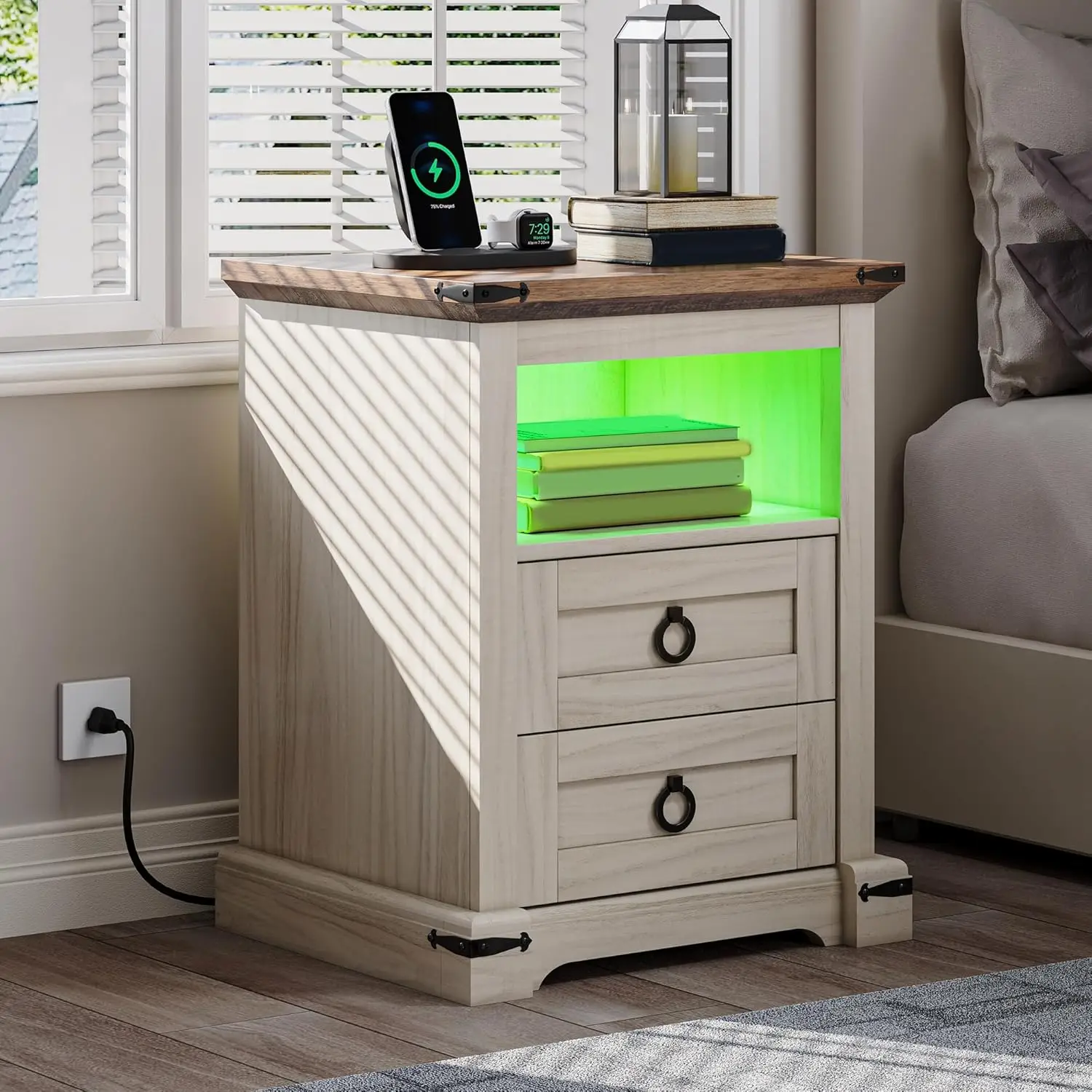 Farmhouse End Table Charging Station 2 Drawers LED Nightstand Open Shelf Bedroom Living Room Off White Walnut Customized
Farmhouse End Table Charging Station 2 Drawers LED Nightstand Open Shelf Bedroom Living Room Off White Walnut Customized
