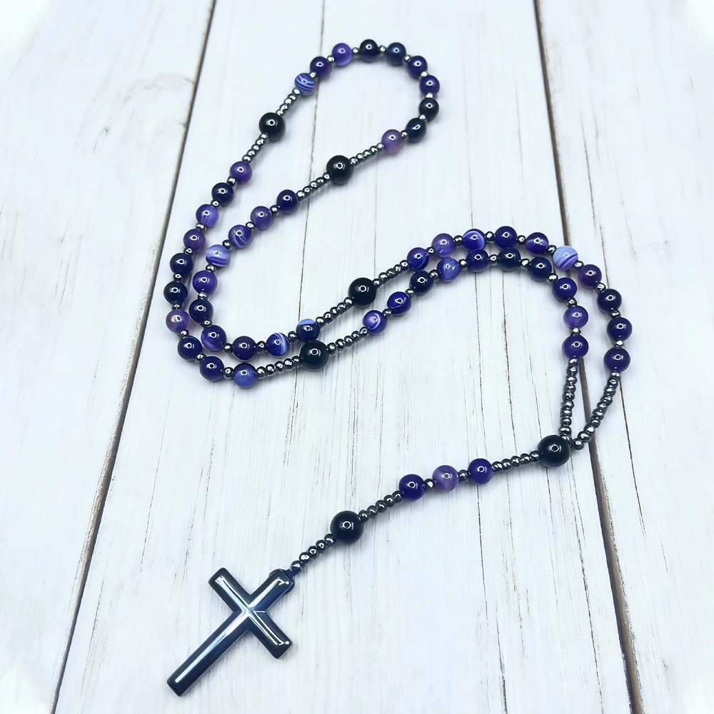 8mm Purple Striped Agate Beads Catholic Christ Rosary Necklaces Hematite Cross Pendant for Men and Women
8mm Purple Striped Agate Beads Catholic Christ Rosary Necklaces Hematite Cross Pendant for Men and Women