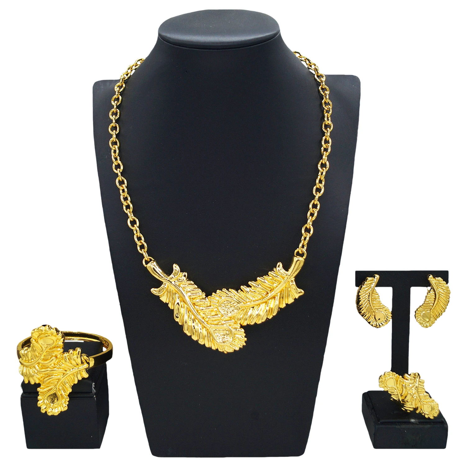 Yulaili new 18K gold-plated jewelry four-piece set Chinese designer jewelry vitality feather shape Nigerian girl birthday gift
Yulaili new 18K gold-plated jewelry four-piece set Chinese designer jewelry vitality feather shape Nigerian girl birthday gift