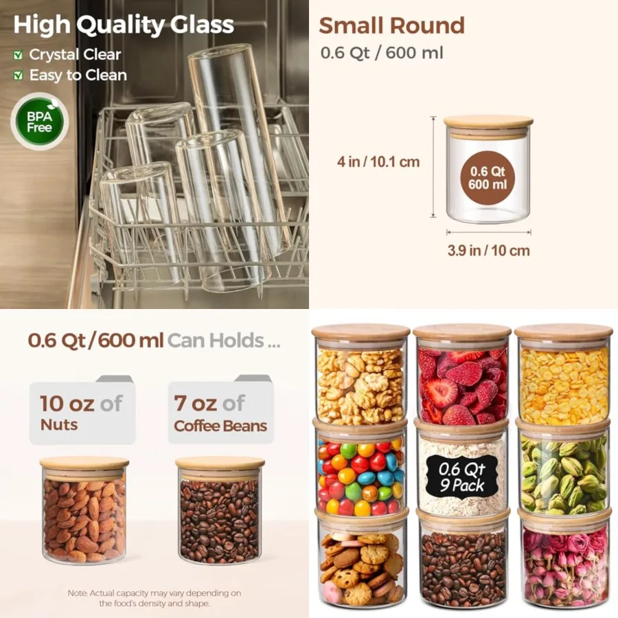 0.6 Qt Glass Food Storage Jars Set of 9, Clear Glass Storage Containers with Lids, Pantry Organization Jar, Spice, Blooming Tea
0.6 Qt Glass Food Storage Jars Set of 9, Clear Glass Storage Containers with Lids, Pantry Organization Jar, Spice, Blooming Tea