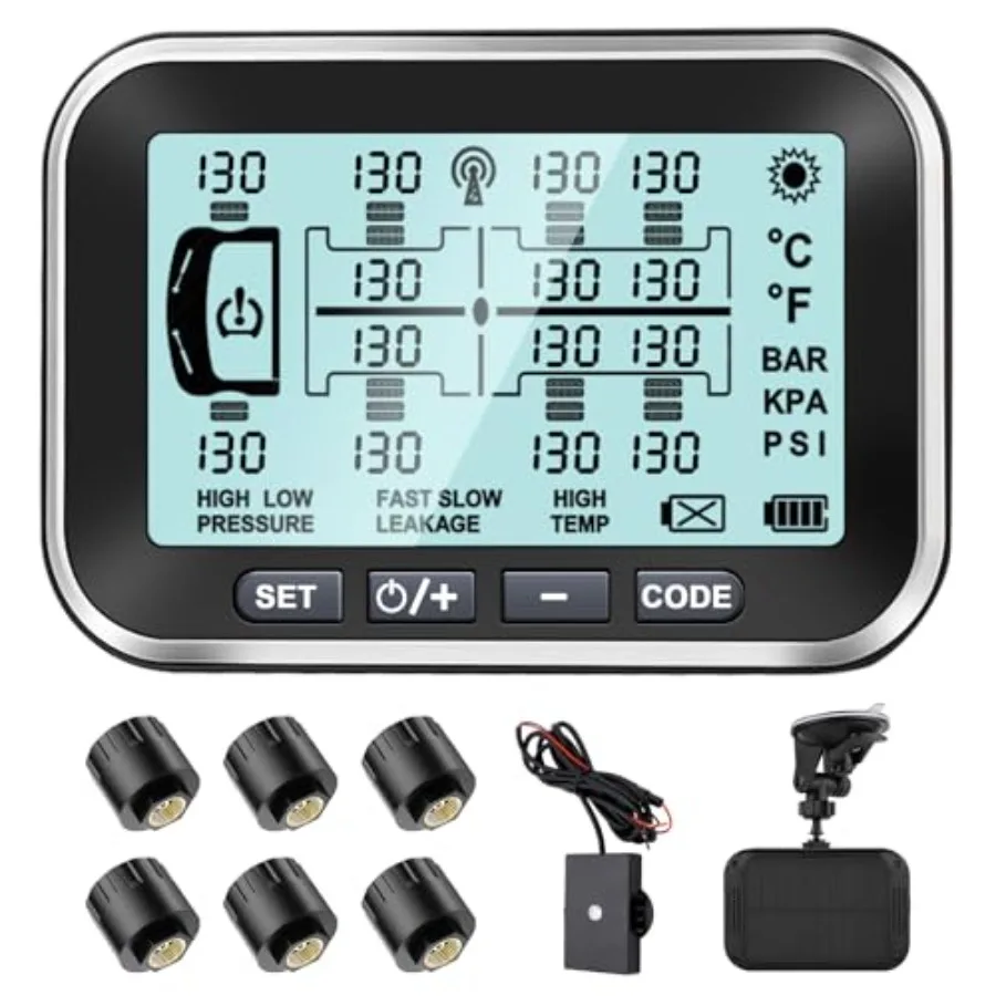 RV Tire Pressure Monitoring System 6 Sensors4.5" Solar TPMS w/Signal Booster 6 Alerts Monitor for Trailer/Truck/Camper/5th Whee
RV Tire Pressure Monitoring System 6 Sensors4.5" Solar TPMS w/Signal Booster 6 Alerts Monitor for Trailer/Truck/Camper/5th Whee