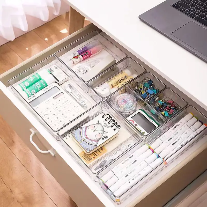 Versatile Drawer Organizer Set - Clear Plastic Trays and Dividers in 5 Sizes for Perfect Makeup and Kitchen Storage
Versatile Drawer Organizer Set - Clear Plastic Trays and Dividers in 5 Sizes for Perfect Makeup and Kitchen Storage