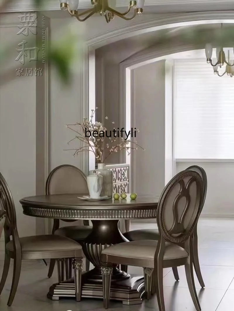 American Style Dining Table French Retro Solid Wood Carved Marble Turnplate round Dining Table and Chair
American Style Dining Table French Retro Solid Wood Carved Marble Turnplate round Dining Table and Chair