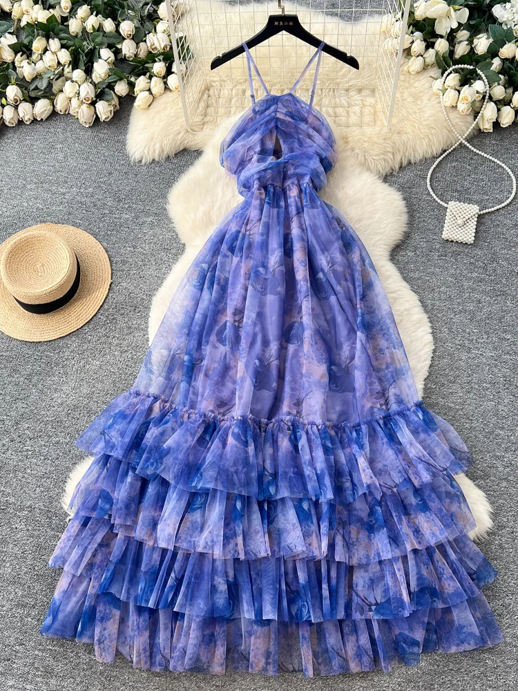 Summer Vacation Style Hanging Neck Sleeveless Printed Mesh Dress Women's New Fashionable Sexy Suspender Cake Long Dress Y51
Summer Vacation Style Hanging Neck Sleeveless Printed Mesh Dress Women's New Fashionable Sexy Suspender Cake Long Dress Y51