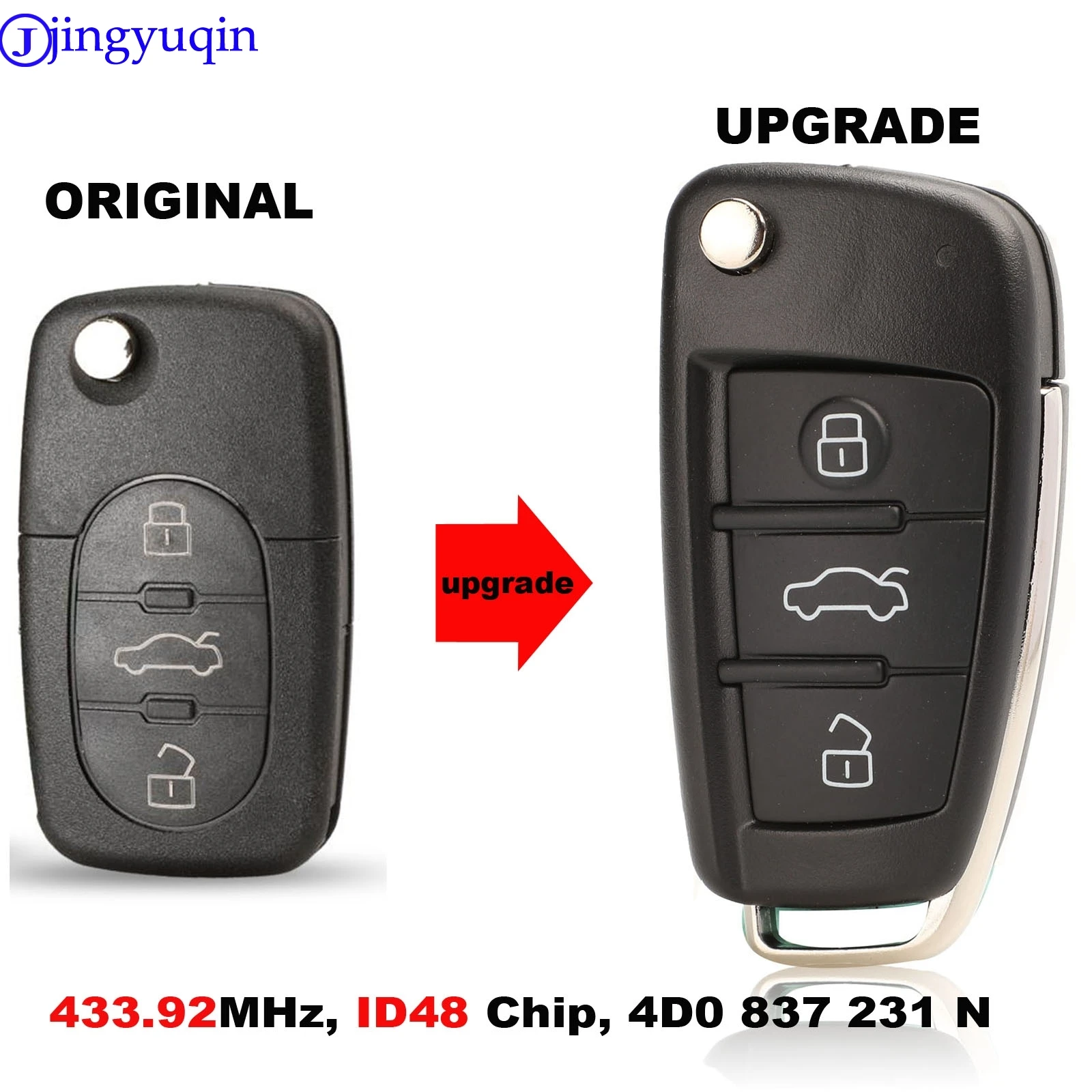 jingyuqin Remote Car Key For AUDI A3 A4 A6 A8 RS4 TT Allroad Quttro RS4 Car Control 433.92MHz ID48 4D0 837 231 N 4D0837231N
jingyuqin Remote Car Key For AUDI A3 A4 A6 A8 RS4 TT Allroad Quttro RS4 Car Control 433.92MHz ID48 4D0 837 231 N 4D0837231N