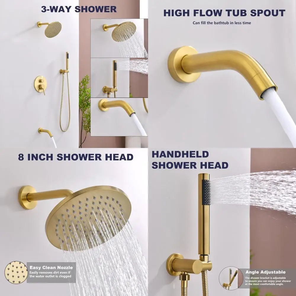 Gold-Tone Tub Spout Shower System with 8 Rainfall and Handheld Combo, Round Shower Head Set
Gold-Tone Tub Spout Shower System with 8 Rainfall and Handheld Combo, Round Shower Head Set