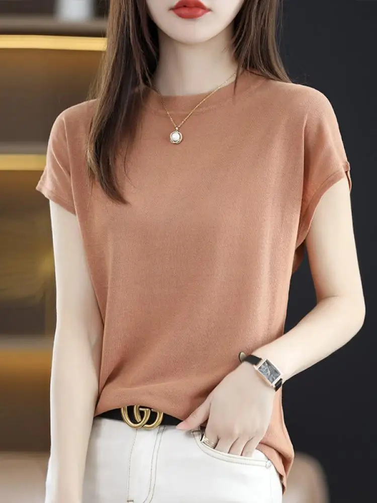 Women's Ice Silk Short Sleeve Knitted T-Shirt Design Sense Tagless Fashion Sun Protection round Neck Commute Style Pure Color
Women's Ice Silk Short Sleeve Knitted T-Shirt Design Sense Tagless Fashion Sun Protection round Neck Commute Style Pure Color