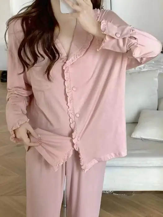 Simple Sweet Pajamas Flanged Casual Nightdress Women Spring Sleepwear Long Sleeve Lapel Home Wear Set Solid Color Loose Pyjamas
Simple Sweet Pajamas Flanged Casual Nightdress Women Spring Sleepwear Long Sleeve Lapel Home Wear Set Solid Color Loose Pyjamas