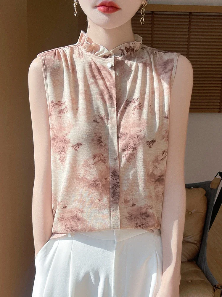Soft Knitting Fabric Tank Tee Flowers Printing Ruffled Collar Sleeveless T-shirt Shirt-Style Women Summer Thin Smooth Tops Tank
Soft Knitting Fabric Tank Tee Flowers Printing Ruffled Collar Sleeveless T-shirt Shirt-Style Women Summer Thin Smooth Tops Tank
