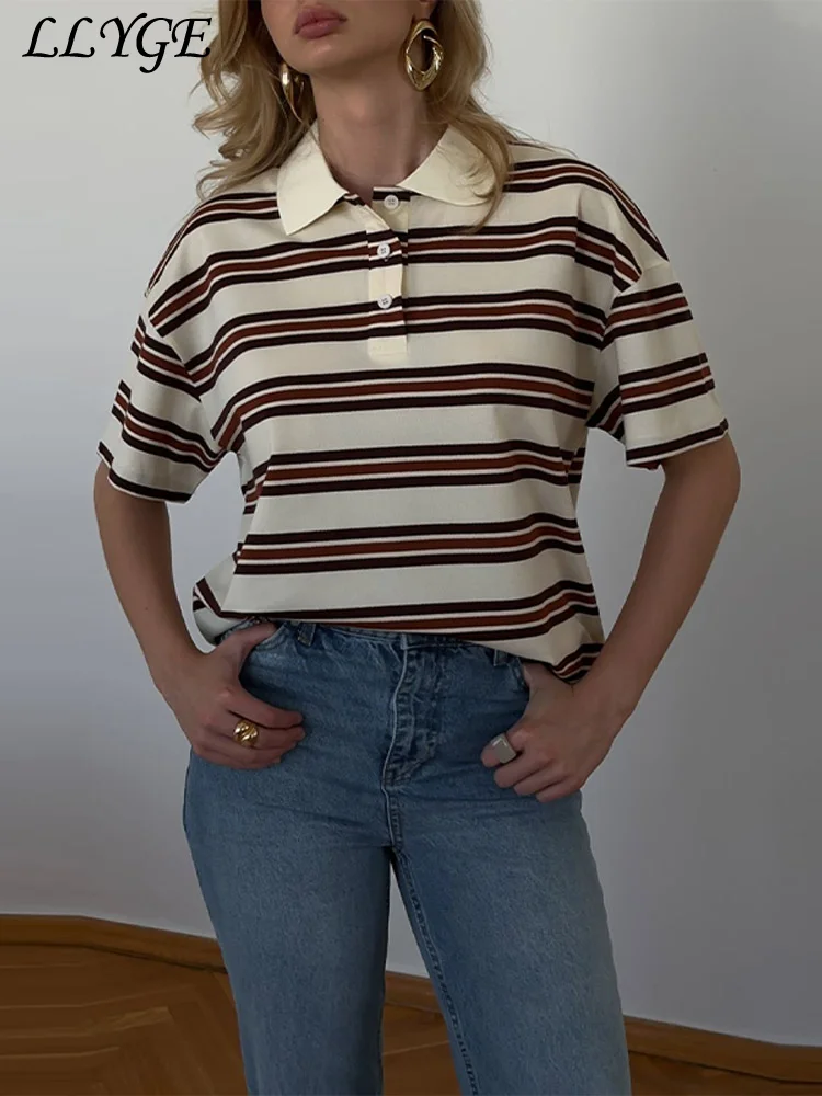 Casual Women's Stripe Polo Collar Shirts Loose Contrast Short Sleeve Female T-shirt 2025 Summer Lady Chic All-match Tops New
Casual Women's Stripe Polo Collar Shirts Loose Contrast Short Sleeve Female T-shirt 2025 Summer Lady Chic All-match Tops New