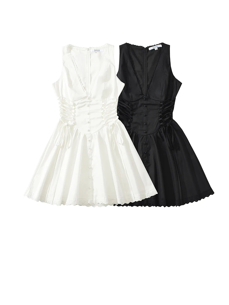 Women Sleeveless Corset Waist Mini Dress Summer Lace Trim V Neck Buttons A-Line White Black Cotton Dresses
Women Sleeveless Corset Waist Mini Dress Summer Lace Trim V Neck Buttons A-Line White Black Cotton Dresses