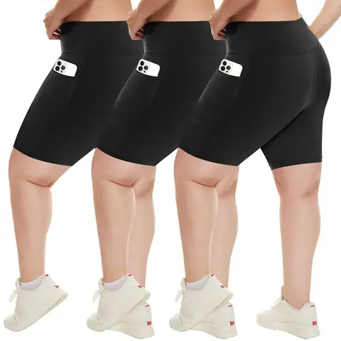 Grote maten zwarte shorts voor dames, stijlvolle en rekbare yogabroek, middenlegging, perfect voor buitenactiviteiten en fitness