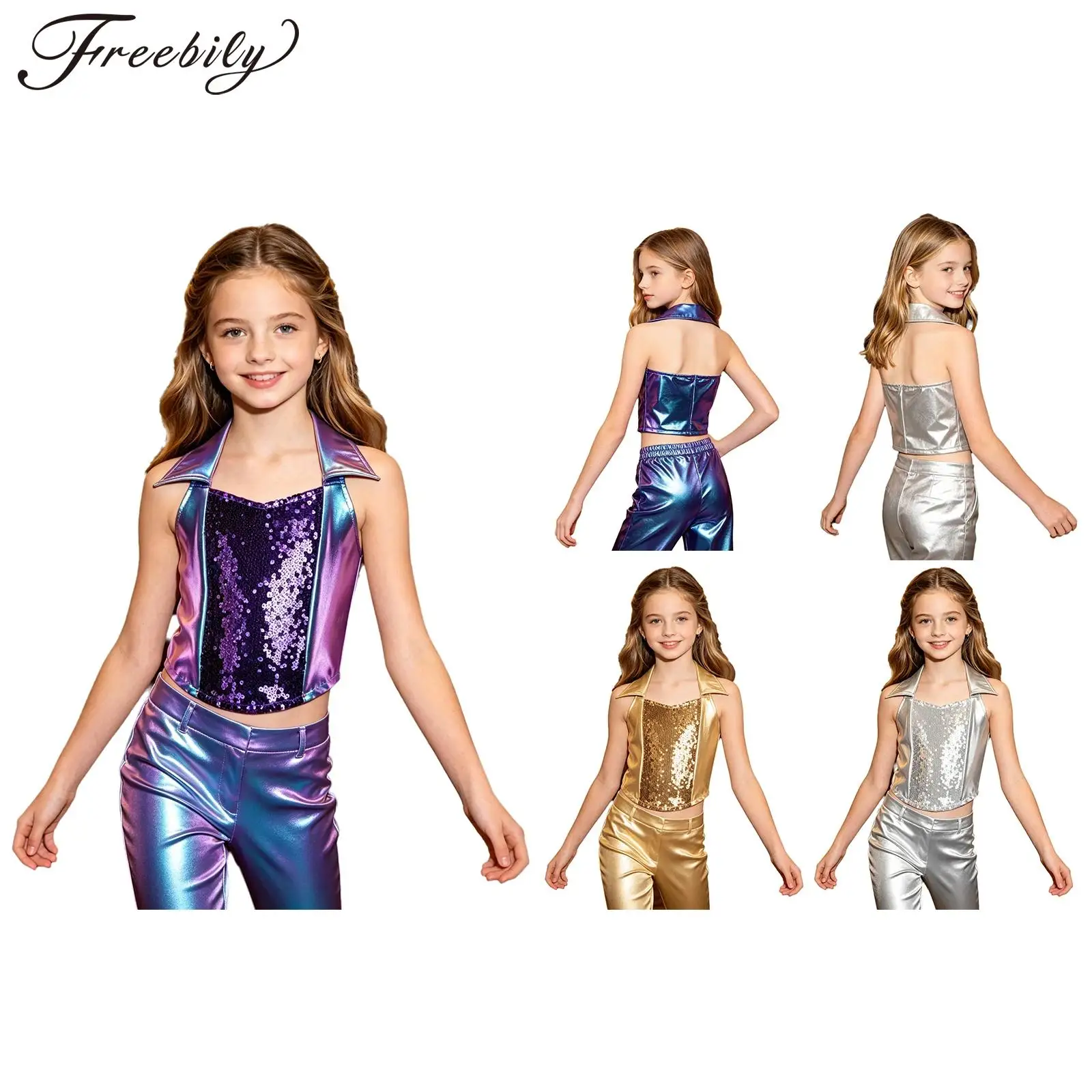 Kids Girls Halter Jazz Disco Tank Top Sleeveless Front Glitter Sequins Zip-up Crop Vest Shiny Metallic Stage Dance Costume
Kids Girls Halter Jazz Disco Tank Top Sleeveless Front Glitter Sequins Zip-up Crop Vest Shiny Metallic Stage Dance Costume